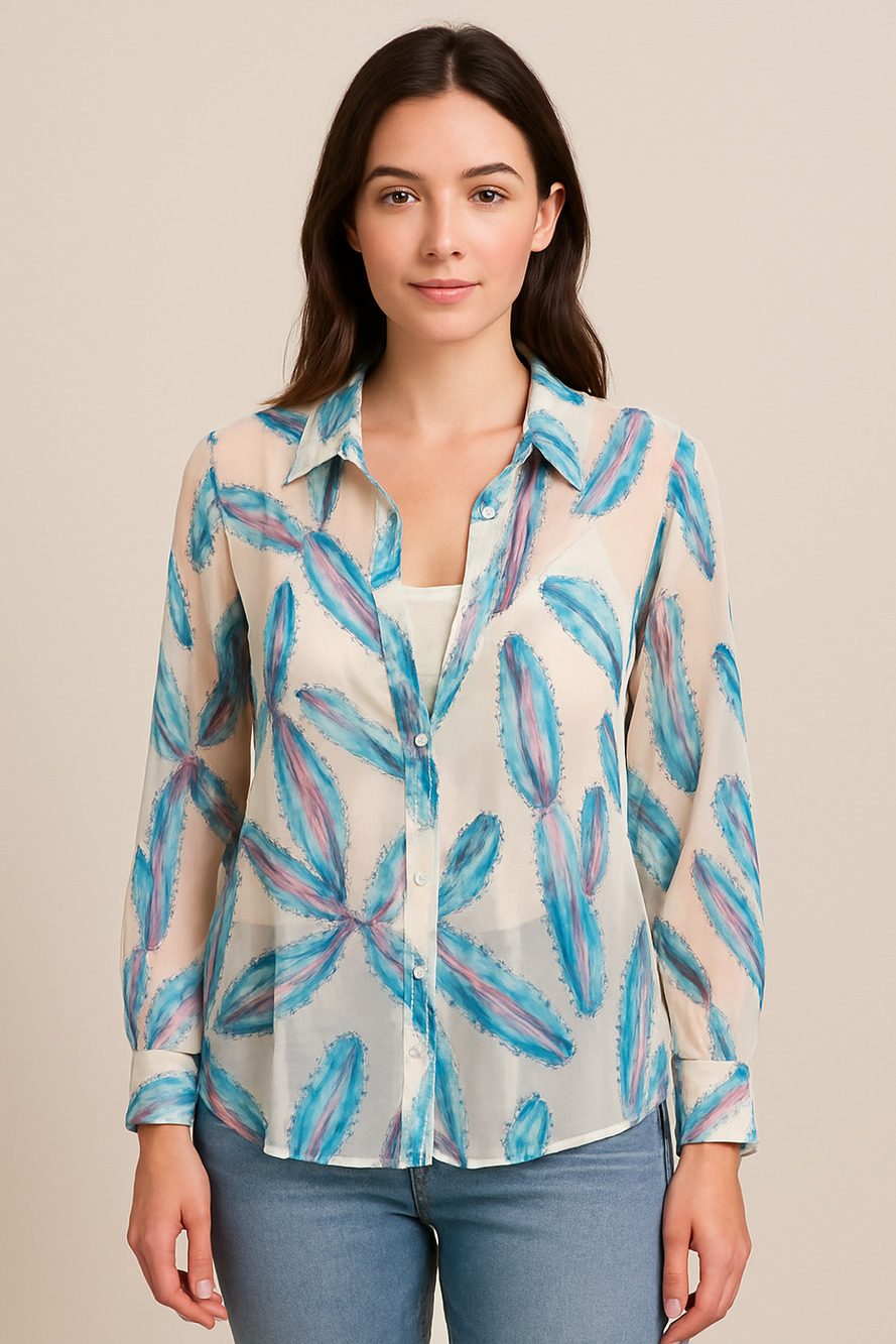 ModCloth Sheer White/Blue Cactus Print Button Down Blouse 4X Lightweight Artsy